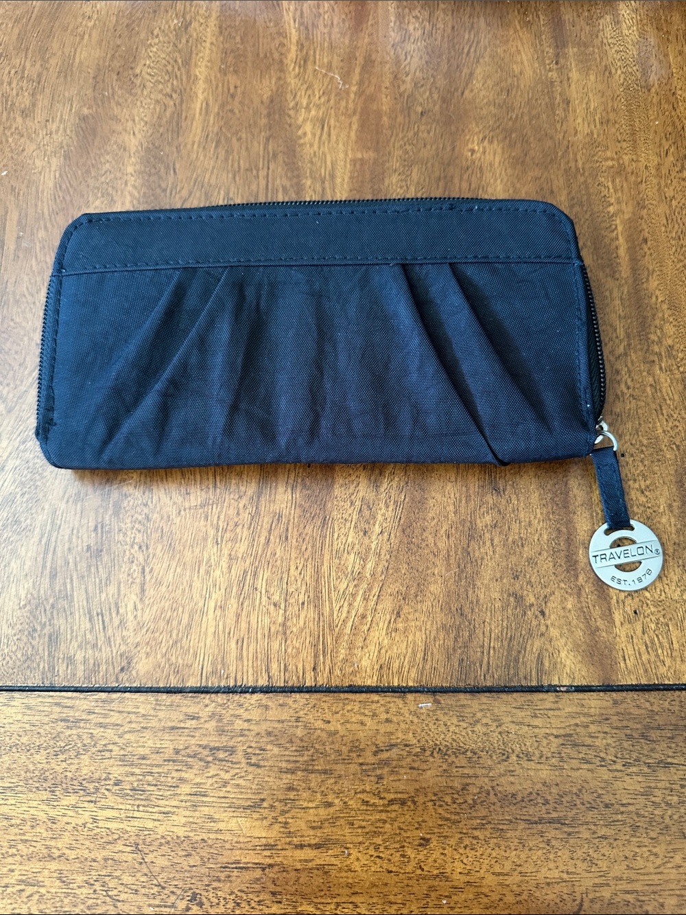 Travelon Black Pleated Zip Wallet with Logo Charm